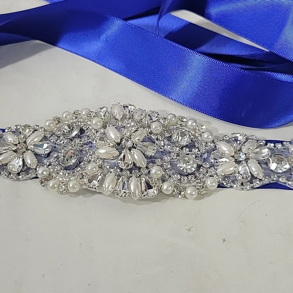 New royal blue with pearls & rhinestone crystals in sliver wedding dress Sash